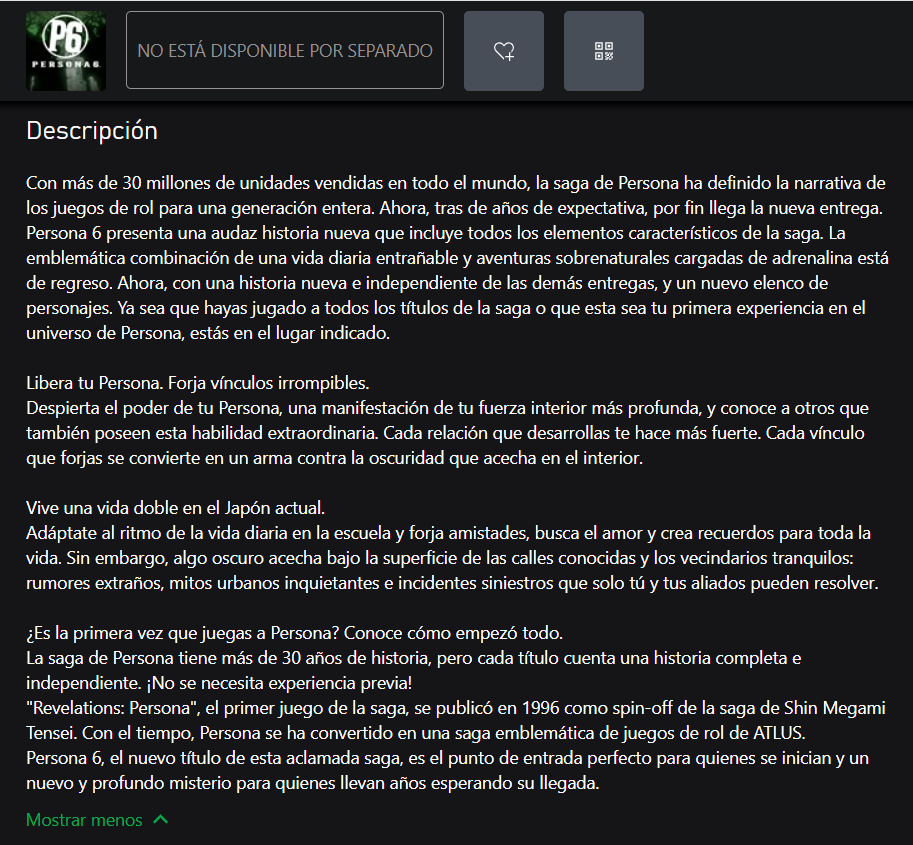 PersonaSpain's tweet photo. ¡Persona 6 ya cuenta con ficha en la store de XBOX y tenemos la primera descripción del juego! Además se confirma que estará traducido tanto al español de España como al de México 🎉🥳 #P6 https://t.co/XogwMrK35r