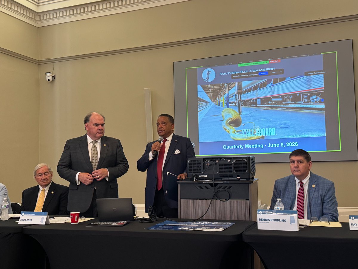 StephenMcNair's tweet photo. Another great meeting of the @SouthernRailCms and thank you Councilmember Eugene Green for hosting in Gallier Hall. Great updates from the SRC, Amtrak, and the FRA on the success of the Mardi Gras passenger rail service and the forthcoming infrastructure updates to the route. https://t.co/A2LFAWd44H