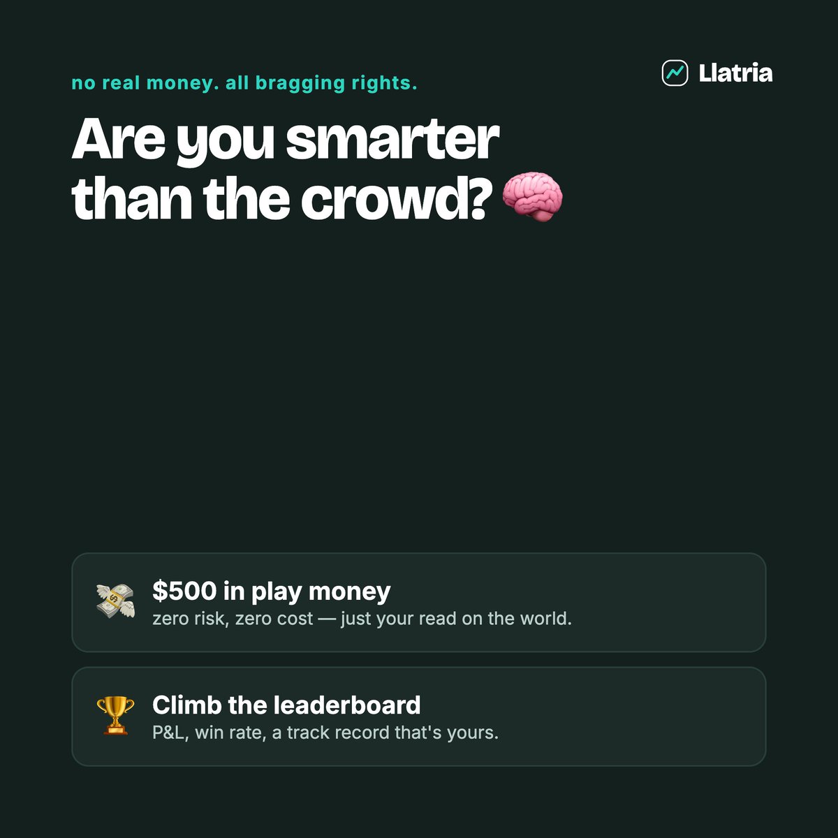 Llatria_'s tweet photo. You make predictions about your life every day.
Will the café survive the winter? 
Will you actually finish the thesis? 
Will it rain on game day.
now there's a market for them.

Llatria - create your own market on (literally) anything.🎮
play money. no risk. all bragging rights. https://t.co/SKt0Z8CfeA