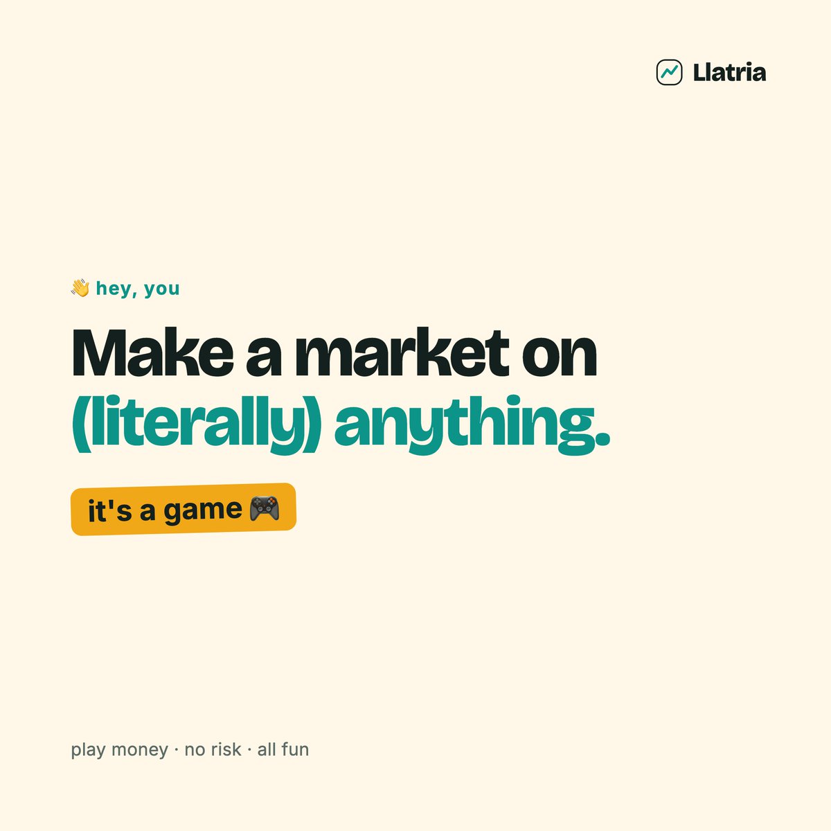 Llatria_'s tweet photo. You make predictions about your life every day.
Will the café survive the winter? 
Will you actually finish the thesis? 
Will it rain on game day.
now there's a market for them.

Llatria - create your own market on (literally) anything.🎮
play money. no risk. all bragging rights. https://t.co/SKt0Z8CfeA