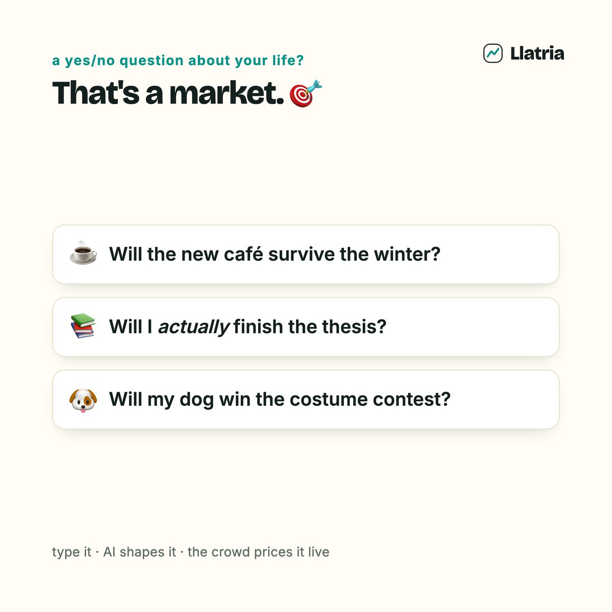 Llatria_'s tweet photo. You make predictions about your life every day.
Will the café survive the winter? 
Will you actually finish the thesis? 
Will it rain on game day.
now there's a market for them.

Llatria - create your own market on (literally) anything.🎮
play money. no risk. all bragging rights. https://t.co/SKt0Z8CfeA