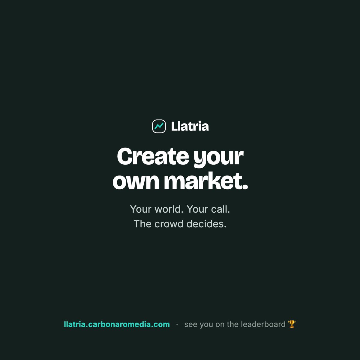 Llatria_'s tweet photo. You make predictions about your life every day.
Will the café survive the winter? 
Will you actually finish the thesis? 
Will it rain on game day.
now there's a market for them.

Llatria - create your own market on (literally) anything.🎮
play money. no risk. all bragging rights. https://t.co/SKt0Z8CfeA
