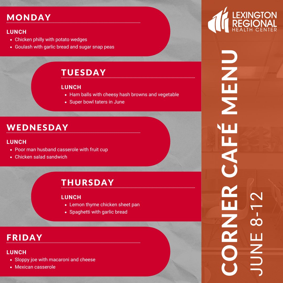 lexrhc's tweet photo. 🍴 Hungry for something delicious?
Take a peek at what’s on the menu this week at the Corner Café. Come hungry, leave happy! The Corner Café is located in the center of the hospital, feel free to use either entrance to enter!
#menu #food #yummy #hospital #delicious https://t.co/AS8KjQcEVL