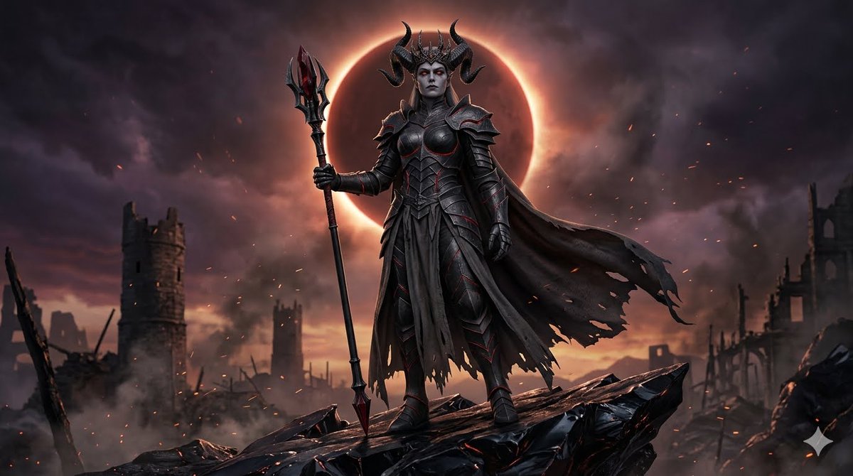 McPzzzy's tweet photo. Gem has faster output, but...
#AIart #SlapFrame #AIchallenge 

Adult DARK Demon Queen on an obsidian battlefield ridge, full-body 16:9 cinematic realism. Black crown horns, ember-red eyes, ash-pale skin, regal predatory expression, raven-black obsidian armor with faint molten-red seams, full gauntlets, torn black war-drapes, dark ceremonial blade or war scepter. Massive red eclipse halo behind her, smoke, ash, embers, ruined towers, apocalyptic dusk. Photoreal dark fantasy, realistic skin, heavy armor, cinematic rim light, elegant violence, no nudity, no anime, no text.