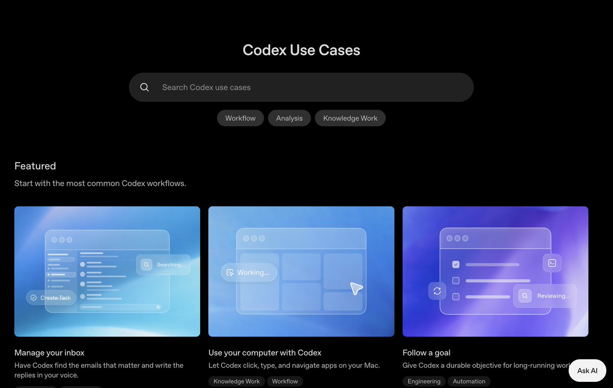 cyphorous's tweet photo. Codex is not just for writing code anymore.

OpenAI’s new use-case page points to something bigger:

AI agents are moving into everyday team workflows.

Not just engineering.

Real startup work.

→ Turning feedback into action items
→ Drafting PRDs from internal context
→ Cleaning messy data
→ Preparing meeting briefs
→ Reviewing budgets and forecasts
→ Testing real app flows

This matters because most startups do not only struggle with code.

They struggle with coordination.

Too many updates.
Too many docs.
Too many tiny tasks stuck between people and tools.

AI agents will not replace good judgment.
But they can remove the drag around it.

The next startup edge may be simple:

People make the decisions.
Agents handle the repeatable motion.

That is when AI stops being a demo and starts becoming part of how teams operate.
