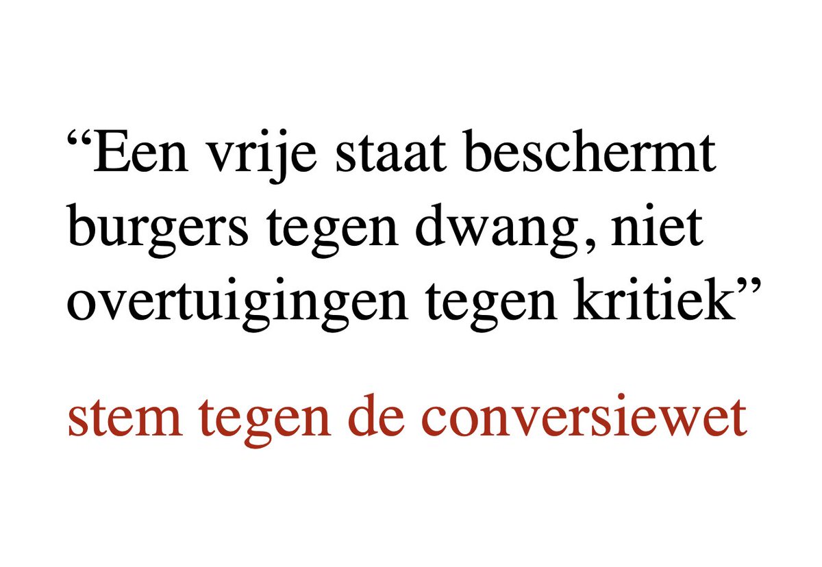 EdelGeertje's tweet photo. Geachte leden van de @EersteKamer,

Op 2 juni behandelde u de Wet strafbaarstelling conversiehandelingen. Op 9 juni stemt u. Daarom schrijf ik u nog één keer.

In het acht uur durende debat besprak u bijna alles, maar het was opvallend dat het meest essentiële punt onbesproken bleef: seksuele gerichtheid en genderidentiteit zijn twee fundamenteel verschillende zaken.

Bij homoseksualiteit is duidelijk wat conversietherapie doet: iemand wordt onder druk gezet om zijn seksuele gerichtheid te ontkennen of te veranderen. De omgeving zegt tegen het individu: jij moet je aanpassen aan onze norm. 

Bij genderidentiteit gebeurt iets anders. Daar gaat het niet om een verlangen dat wordt onderdrukt, maar om een idee over het eigen lichaam dat door anderen bevestigd moet worden.

Het idee dat genderidentiteit losstaat van het lichaam is géén neutraal gegeven. Het is een overtuiging; een geloof. Anders dan geslacht is genderidentiteit niet objectief vast te stellen en kan het daarom onmogelijk dienen als grondslag voor strafrecht. 

Mensen mogen naar hun overtuiging leven. Maar zodra de staat kritiek daarop strafrechtelijk verdacht maakt, verliest zij haar neutraliteit.

Een vrije staat beschermt burgers tegen dwang, niet ideeën tegen kritiek.

Het gevaar zit niet alleen in wat deze wet letterlijk verbiedt, maar in de bestuurlijke werkelijkheid waarin die terechtkomt. Het absurde is dat het niet-toetsbare 'genderidentiteit' via beleid, onderwijs, zorg, taalrichtlijnen, trainingen en subsidies allang tot beleidsfeit is gemaakt. Kritiek erop geldt steeds minder als kritiek op een idee en steeds meer als discriminatie van een mens.

Zo krijgt een geloof bestuurlijke macht: eerst beleid, dan discriminatierecht. En nu strafrecht. De overheid beschermt dan niet langer alleen tegen dwang, maar dwingt erkenning van een fictieve werkelijkheid af. Wie niet bevestigt of meebuigt, wordt bestuurlijk en uiteindelijk strafrechtelijk verdacht.

Daarom is deze wet zo gevaarlijk. Wat nu al via schoolbeleid, zorgprotocollen, subsidies en meldpunten wordt afgedwongen, krijgt straks het strafrecht als stok achter de deur. Dan wordt gewone tegenspraak geen meningsverschil meer, maar een mogelijk juridisch risico.

Dan wordt het bevestigen van het zelfbeeld de enige veilige optie. Twijfelen wordt riskant. Onderzoeken wordt verdacht. En tegenspreken wordt een vorm van “onderdrukking”. Een kind dat zegt “ik ben het andere geslacht” verdient zorgvuldigheid, liefde en bescherming. Geen vernedering of dwang, maar óók geen systeem dat volwassenen bang maakt om nog hardop te vragen wat er nou werkelijk aan de hand is.

Ik vraag u niet om conversiepraktijken goed te praten, maar om het verschil te blijven zien tussen bescherming tegen dwang en strafrechtelijke bescherming van een ideologie.

De Eerste Kamer is geen applausmachine voor moreel klinkende wetgeving. Uw taak is juist om te toetsen wat de Tweede Kamer onder druk van framing, emotie en goede bedoelingen heeft laten liggen.

Mijn dringende oproep is: stem tegen deze wet. Wie deze wet aanneemt, draagt de verantwoordelijkheid voor het afbreken van de neutraliteit van de staat.

Homoseksuele jongeren verdienen bescherming tegen vernedering en dwang. Kinderen met genderproblemen verdienen vrije, zorgvuldige zorg. En burgers verdienen een overheid die geen geloof tot wet maakt.