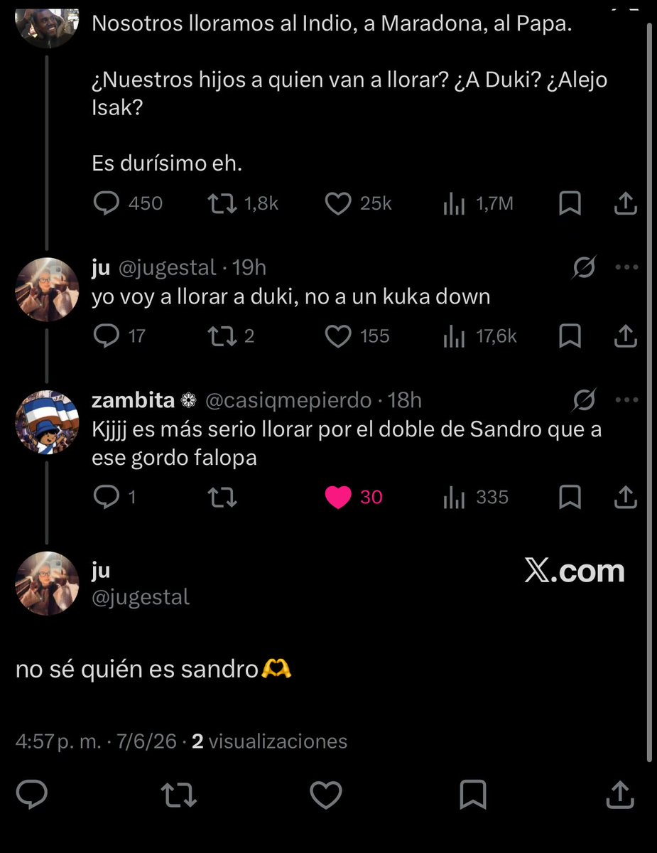 agxsrp's tweet photo. No conoce a Sandro, putea al Indio, pero idolatra a Duki. QEPD argensiria. https://t.co/BO1wzYf3JJ