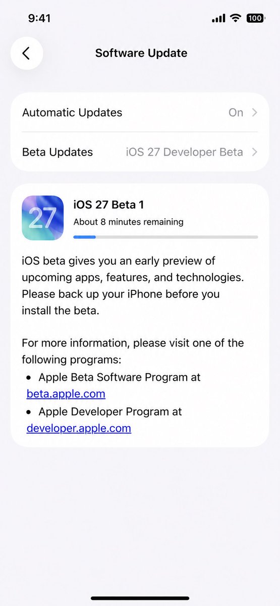 hazz1024's tweet photo. #WWDC26  

iOS 27 Beta 1 is finally here 👀📱

Who’s updating on Day 1?
And more importantly… what’s the FIRST feature you’re checking? 👇

🔥 New UI
⚡ Faster animations
🤖 More AI features
🔋 Better battery life?
🐞 Or just more bugs 😂

Would you install the beta on your main iPhone? Yes or No?