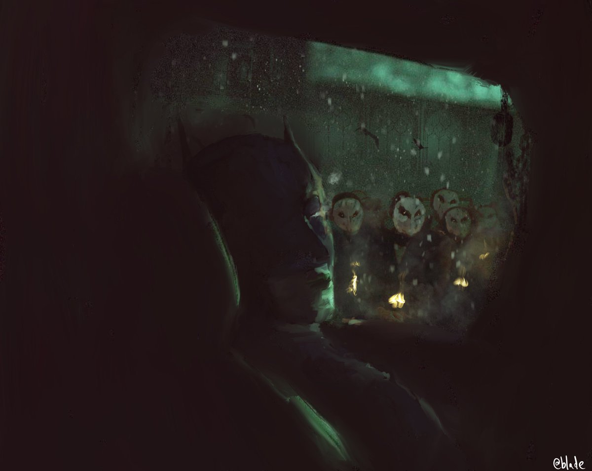 bladerishidden's tweet photo. the bat and the owls 

quick concept sketch (45 mins)

#thebatman #batman #courtofowls #procreate https://t.co/sieEtZWnN4