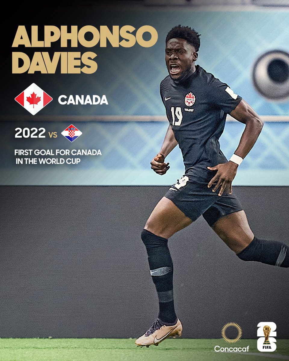 Concacaf's tweet photo. Davies puts his name in the history books! 🇨🇦

He scored Canada’s first-ever men’s World Cup goal after just 68 seconds⚡ https://t.co/PzuwQYpQOS