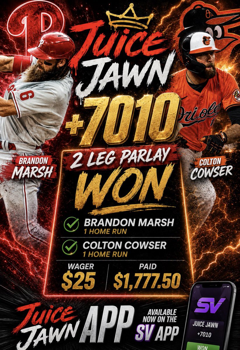 PhillySpcl's tweet photo. DAY 1 OF THE JUICE JAWN APP 🚨

BANG 💥 +7010 CASHED!!
$25 ➡️ $1,777.50 🧃💰

To celebrate, we’re giving away $100 in 48 hours! @sportsvestment 
Like ❤️ Comment 💬 Repost 🔁

Get the app:
https://t.co/Sf6lPfLOYt https://t.co/04jaslzm1P
