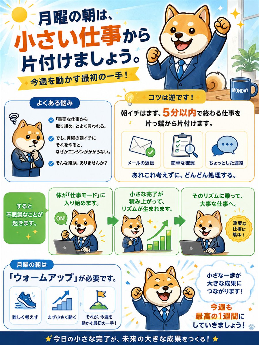 takao_fumishima's tweet photo. 月曜の朝は、小さい仕事から片付けよう

「重要な仕事から取り組め」とよく言われます。

でも、月曜の朝イチにそれをやろうとすると、
なぜかエンジンがかからない。
そんな経験、ありませんか？

コツは逆です。

5分以内で終わる仕事を、ドンドン片付ける。
メールの返信、簡単な確認、ちょっとした連絡。
あれこれ考えずに、どんどん処理しましょう。

すると、体が仕事モードに入ります。
小さな完了が積み上がり、リズムが生まれてきます。
そのリズムに乗って、大事な仕事に取り掛かりましょう。

月曜の朝は「ウォームアップ」が必要です。
難しく考えず、まず小さく動く。
今週も最高の1週間にしていきましょう！

#仕事術 #月曜日