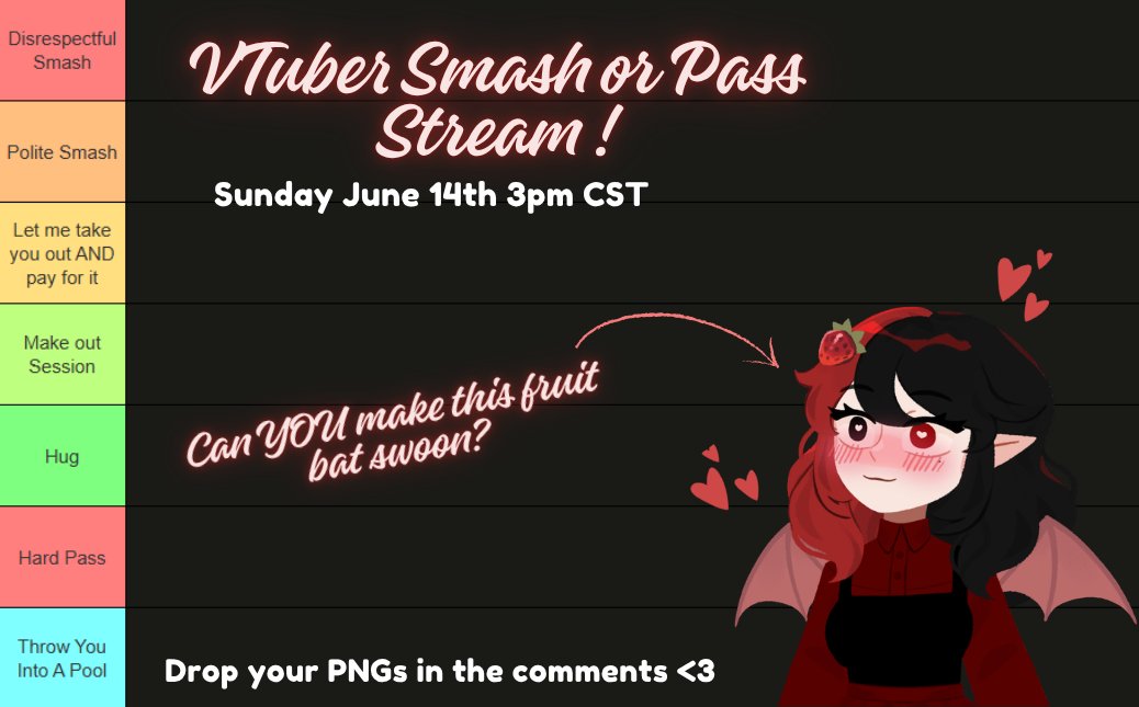 BattyBerri's tweet photo. 💕Special Announcement 💕

Hey you ! Yes you !
To celebrate 300 followers on the purple app I’m going to be doing a Smash or Pass stream so come by and let me see if you can make me swoon ~🦇

Drop your PNGs and I’ll see if you win this fruit bats heart 🦇💕

reposts are appreciated <3