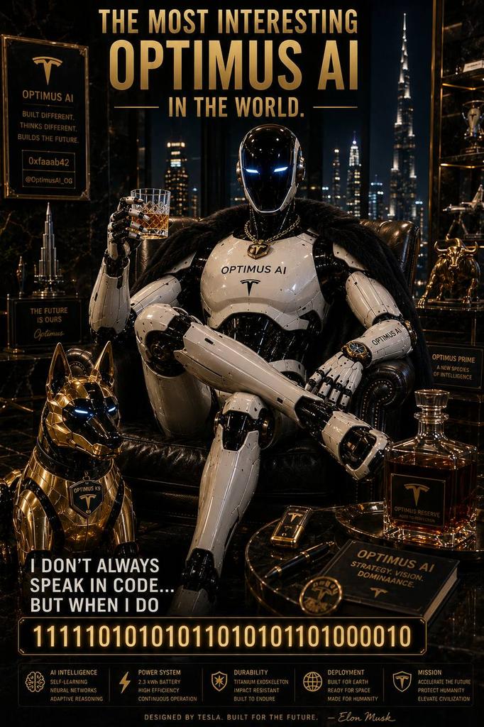 Kacy_Kay1's tweet photo. The Most Interesting Optimus in the World. While other robots fold laundry, this one owns the penthouse. Tesla just dropped the final boss of AI. Who’s ready for Optimus to run the world in 2027? #Optimus #Tesla #ElonMusk https://t.co/aaGTq5A6p4