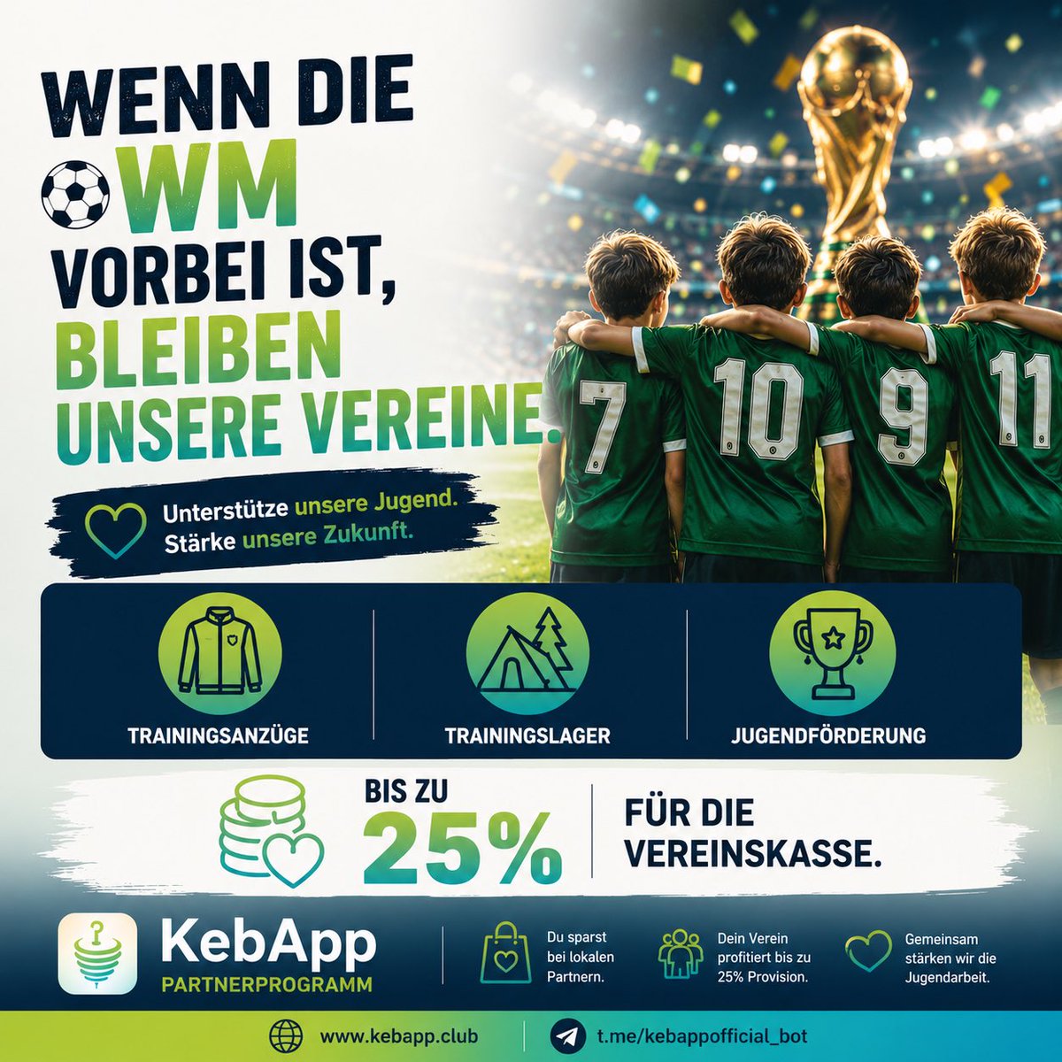 KebAppCoin's tweet photo. ⚽ Die ganze Welt spricht über die Fußball-WM.

Doch wenn die WM vorbei ist, bleiben unsere Vereine.

Und genau dort beginnt die Zukunft unserer Kinder und Jugendlichen.

❤️ Trainer investieren ihre Freizeit.
❤️ Ehrenamtliche engagieren sich Woche für Woche.
❤️ Vereine schaffen Gemeinschaft, Werte und Zusammenhalt.

Mit dem KebApp Partnerprogramm möchten wir lokale Vereine und insbesondere die Jugendarbeit nachhaltig stärken.

So einfach funktioniert’s:

✅ Du kaufst bei lokalen Partnern ein
✅ Du unterstützt deinen Verein automatisch
✅ Bis zu 25 % der Provision fließen zurück in die Vereinskasse

Das zusätzliche Geld kann beispielsweise eingesetzt werden für:

👕 Trainingsanzüge & Ausrüstung
🏕️ Trainingslager
🏆 Turniere & Veranstaltungen
⚽ Jugendförderung
🎯 Vereinsprojekte

Gemeinsam können wir lokale Vereine stärken – ohne zusätzliche Mitgliedsbeiträge.

Denn starke Vereine bedeuten eine starke Zukunft für unsere Jugend.

🌍 https://t.co/Pgmd7q9sdY

📲 Telegram App:
https://t.co/2CZFNEmw3M

#KebApp #Vereinsleben #Jugendförderung #Fußball #WM2026 #Ehrenamt #GemeinsamStark #LokaleVereine #Trainingslager #Vereinska