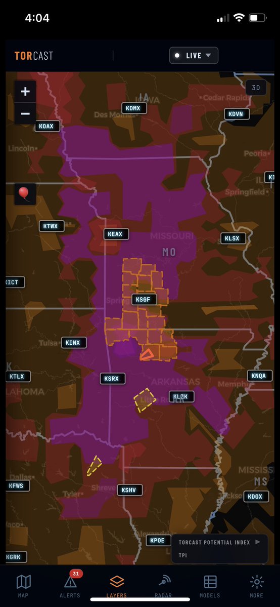 TorCASTWX's tweet photo. TorCAST has a little more broad maximum potential than the current official Watch, highlighted by the “pink” on the map.  Surrounding areas are in red which indicates Tornado Possible.  TorCAST paints a broad corridor of tornado potential from southern Iowa to northern Texas.  Interested to see how this plays out in the coming hours. 

TorCAST doesn’t show probability it shows maximum potential. It answers the question “if storms fire here how bad could it get realistically”. The WX Space has plenty of probability models out there. We aren’t that. 

#TorCAST #Tornado #Watch