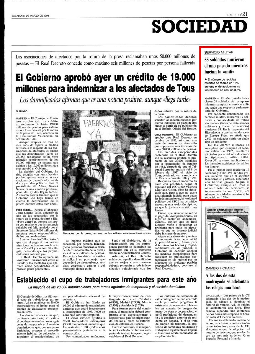 outsidersesp's tweet photo. La vuelta al servicio militar en España está más que próximo, y está habiendo un coordinado ejercicio de manipulación mediática para endulzar lo que realmente será: una picadora de jóvenes que serán carne de cañón.

Pero la hemeroteca es tozuda. El diario El Mundo publicaba en 1993 que un año antes 55 jóvenes habían sido asesinados mientras hacían el servicio militar en España. Fueron declarados "muertos en acto de servicio".

Desde 1990 hasta 1996, la principal causa de muerte entre los jóvenes que hacían el servicio militar no era defendiendo la patria, era suicidándose por las condiciones, las torturas y los malos tratos de una institución fascista, pensada únicamente para oprimir a su propio pueblo.

(Publicado originalmente por mpr21)