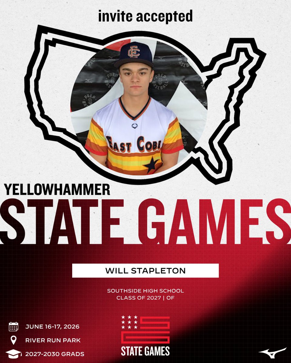 PrepBaseballAL's tweet photo. 𝐈𝐧𝐯𝐢𝐭𝐞 𝐀𝐜𝐜𝐞𝐩𝐭𝐞𝐝 ✅

@WillStapleton21 is headed to the 2026 Yellowhammer State Games this June.

📍 River Run Park | Northport, AL
📅 June 16-17, 2026

Learn more and request your invite below. 👇

🔗: https://t.co/ONiSCArk3z || #YSGames26 https://t.co/K3OWWuZN5n