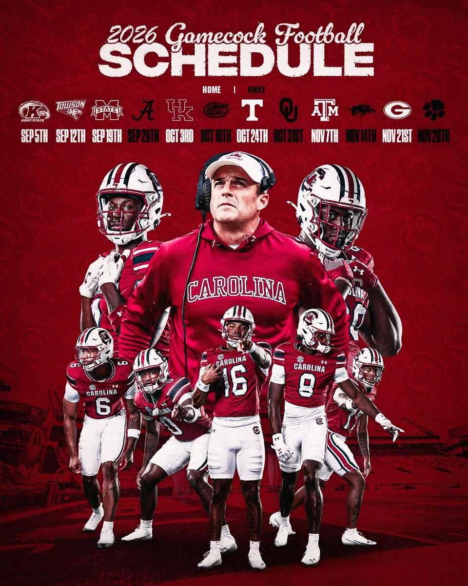 Gamecocksalert's tweet photo. Here’s the schedule for the Gamecocks in 2026! 🐔🤙

What will the Gamecocks record be this season? Lmk below! ⬇️ 

*bye week is October 17th* https://t.co/MfGYm6uUOK