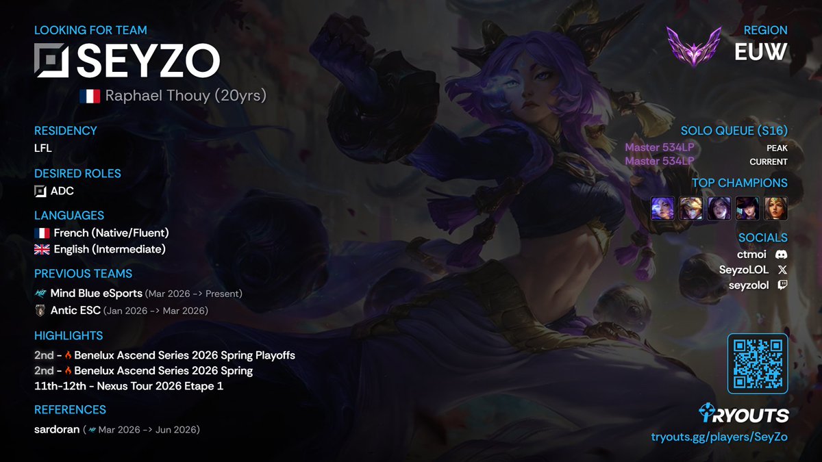 SeyzoLOL's tweet photo. After a good split with MindBlue where we ended TOP 2, i'm looking for options, mainly looking for top NT, ERL1/2
Peak chall 2060lp before reset https://t.co/QkuZoNsWBF