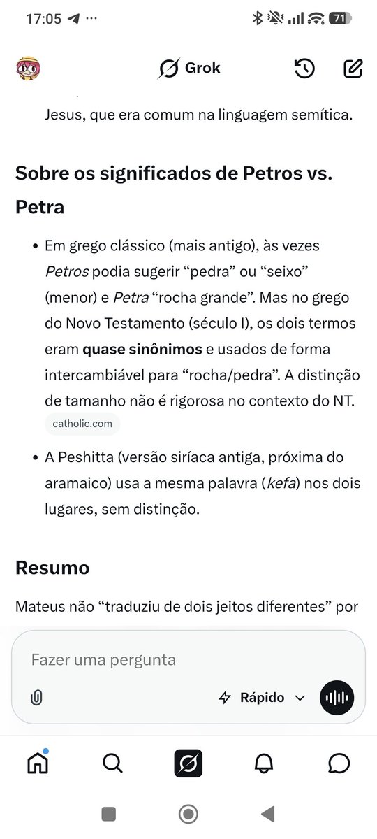 SCARVOLTs's tweet photo. @neyyynux @OrdoCrucisXIV Decidi perguntar pro Grok, ele disse que na época os termos "Petros" e "Petra" eram basicamente sinônimos. Ele também afirmou o que eu disse, é por conta que "Petra" é substantivo feminino, então não pode ser usado como nome masculino, e o aramaico não tem distinção de gênero. https://t.co/xoHE86YpO0