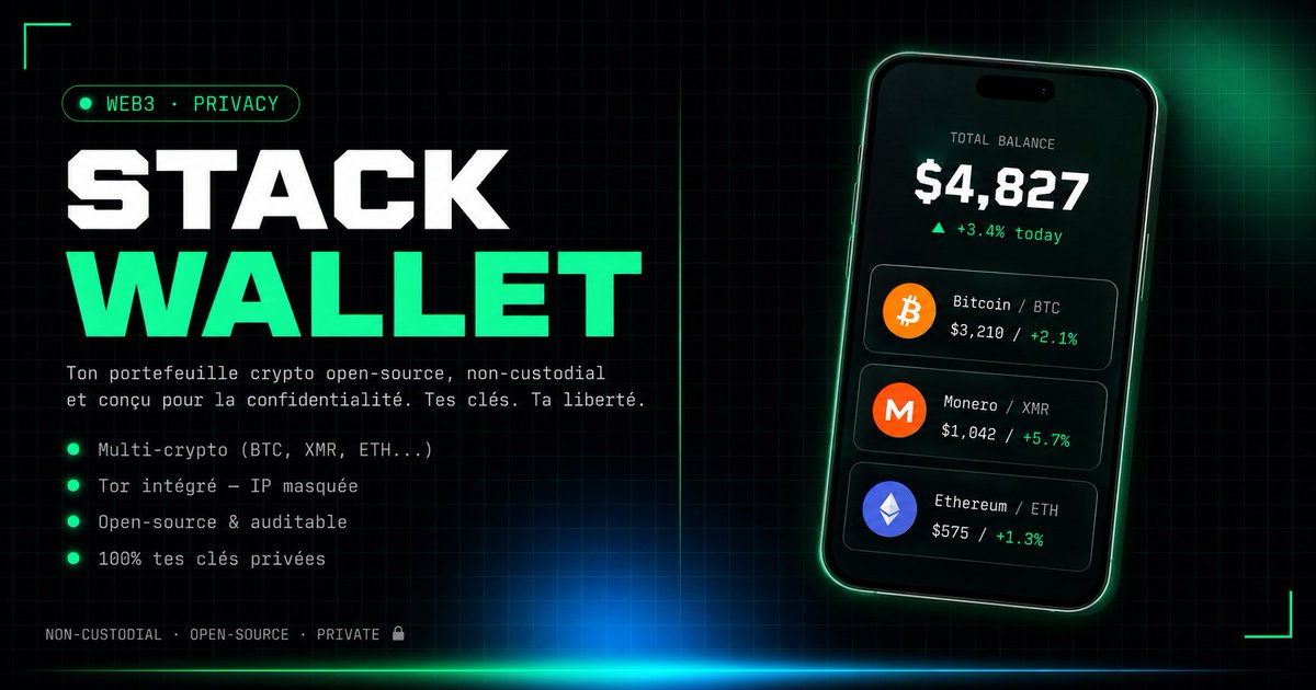 MrAlabi15's tweet photo. 🔐 Stack Wallet — le wallet crypto qui respecte ta vie privée.
✅ BTC, XMR, ETH & plus
✅ Tor intégré — IP masquée
✅ Open-source & non-custodial
Tes clés. Ta liberté. 🟢
C'est quoi votre wallet préféré ? 👇
#Web3 #StackWallet #Bitcoin #CryptoAfrica https://t.co/2CjTyMpTSI