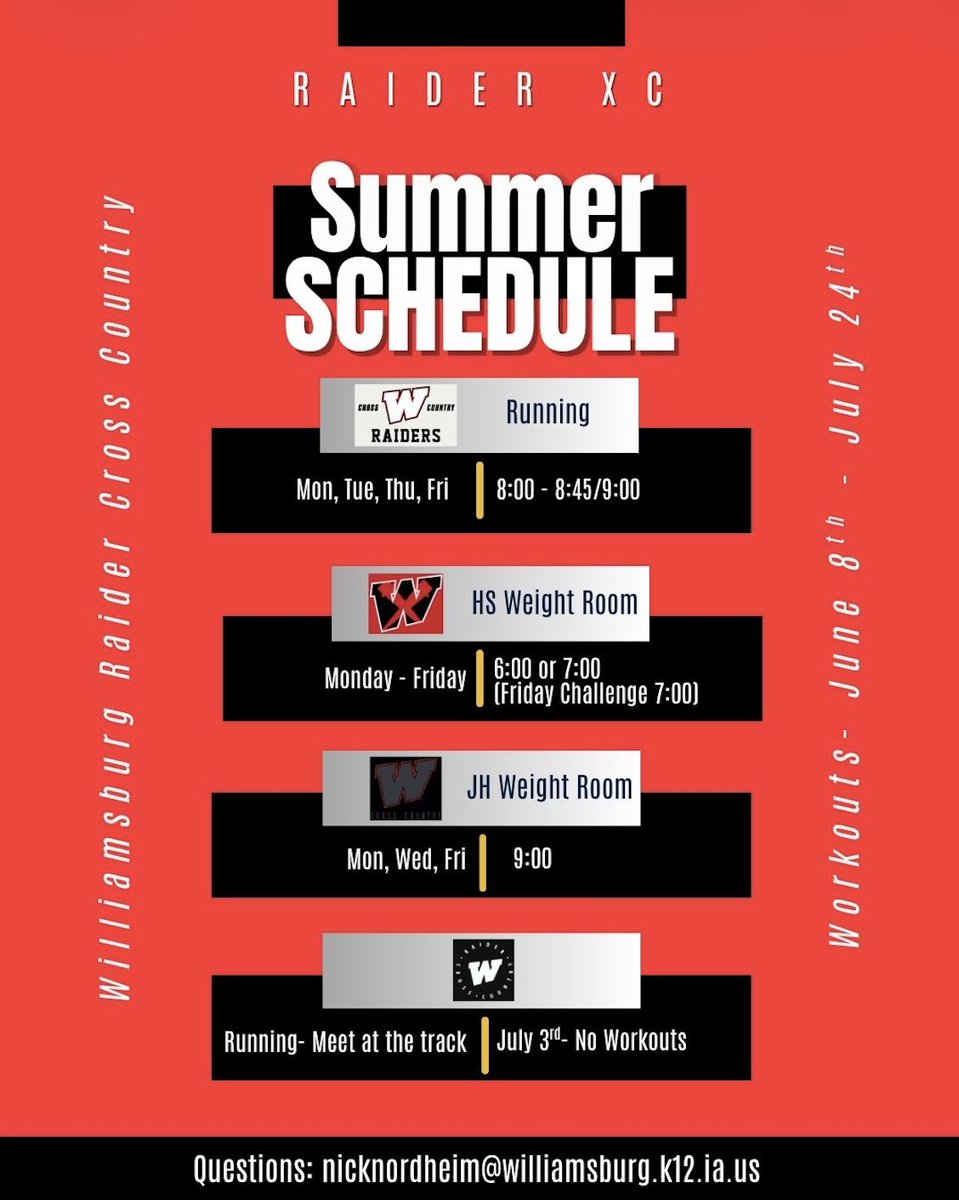 WburgXCTrack's tweet photo. Summer workouts start Monday! Go Raiders! 🔥🔥🔥 https://t.co/OJ7uLBS1zM