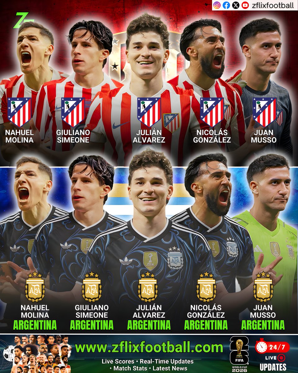 zflixfootball's tweet photo. 🇪🇸 Atlético Madrid 🤝 Argentina 🇦🇷
🇦🇷 Nahuel Molina: Defender
🇦🇷 Giuliano Simeone: Forward (son of Atlético manager Diego Simeone)
🇦🇷 Julián Álvarez: Forward
🇦🇷 Nicolás González: Forward / Winger
🇦🇷 Juan Musso: Goalkeeper
—
#AtléticoMadrid #WorldCup #Argentina #America #zflix https://t.co/asgQDrL3cx