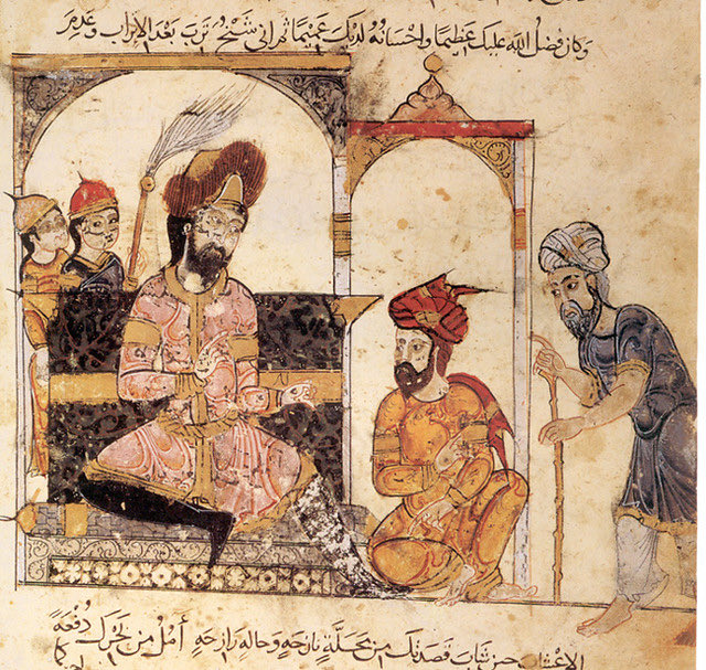 NotaT240400's tweet photo. Maqāmāt of al-Ḥarīrī , Abū Zayd before the  governor of Raḥba. Painter: Yaḥyā al-Wāsiṭī. Abbasid Baghdad, 634 AH/1237. https://t.co/mLxYmxmeJY