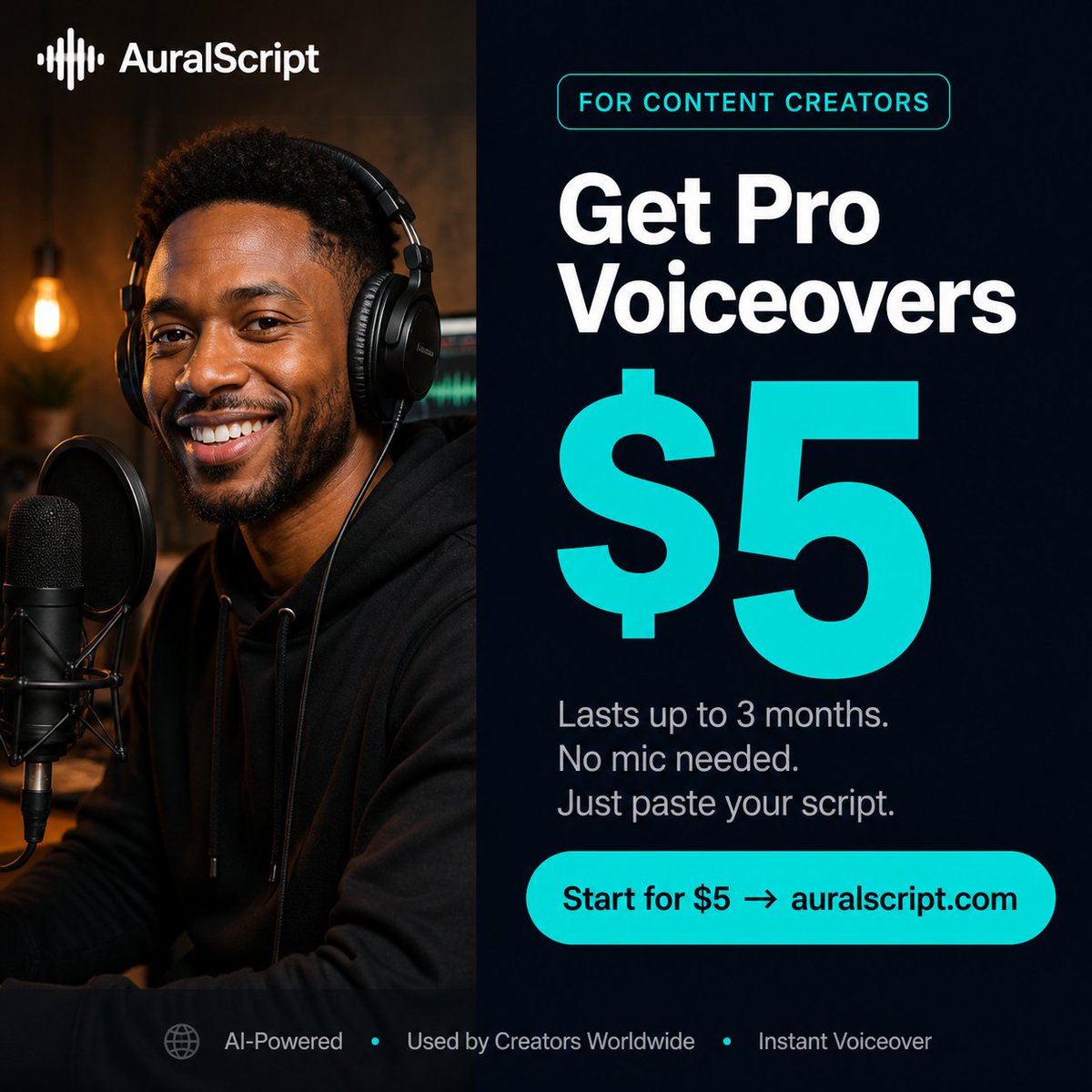 AuralScript's tweet photo. Thousands of creators are already using AuralScript to produce pro voiceovers in seconds — starting at just $5. What's your excuse? 🎧 https://t.co/GQa936AWOq