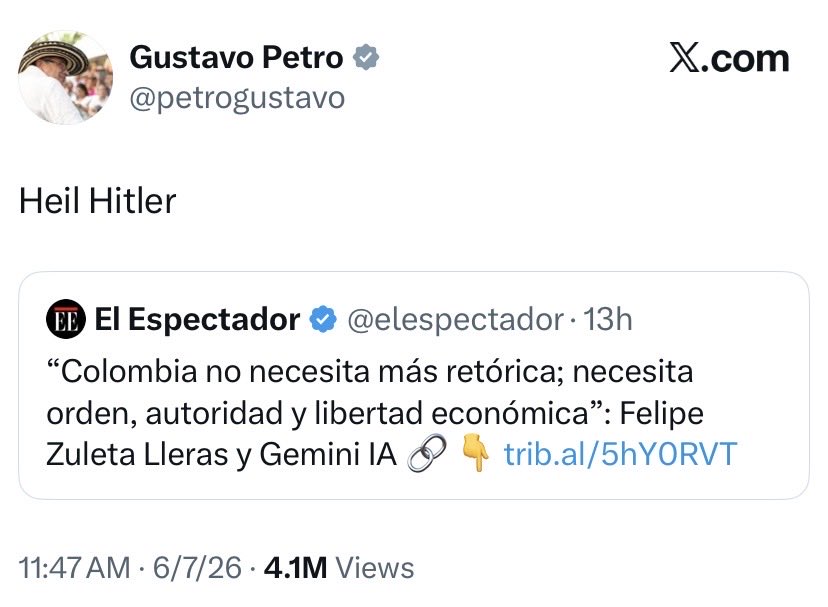 ADL's tweet photo. The president of Colombia posted, “Heil Hitler.” In 2026.

An elected head of state shouldn't have to be told why posting a Nazi slogan is monstrous and unacceptable. There is no excuse for it and no context that justifies it. https://t.co/DfUMktWn7E