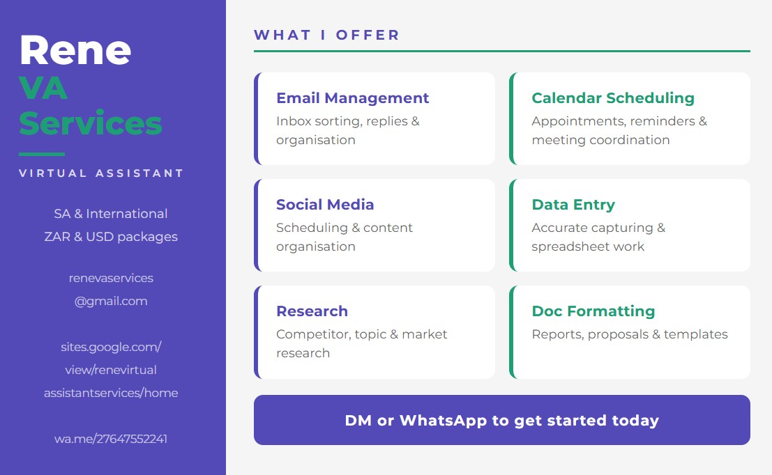 ReneLab34's tweet photo. ✨ I help busy people breathe again.
VA services for entrepreneurs &amp; small businesses —
emails, calendars, social media &amp; more 💼
🌍 SA-based | available worldwide
✉️ Send me a direct message https://t.co/zX5MjEpkLt