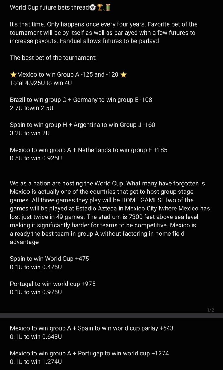 ptbbets's tweet photo. World Cup Futures thread ⚽️🏆🌏

⭐️Mexico Group A winner -125&amp; -120 
Total 4.9U to win 4U 

Brazil group C winner + Germany group E winner -108
2.7U towin 2.5U 

Spain group H winner + Argentina Group J winner -160
3.2U to win 2U 

Rest in the comments. Also attached on page https://t.co/KfJMwVk79R