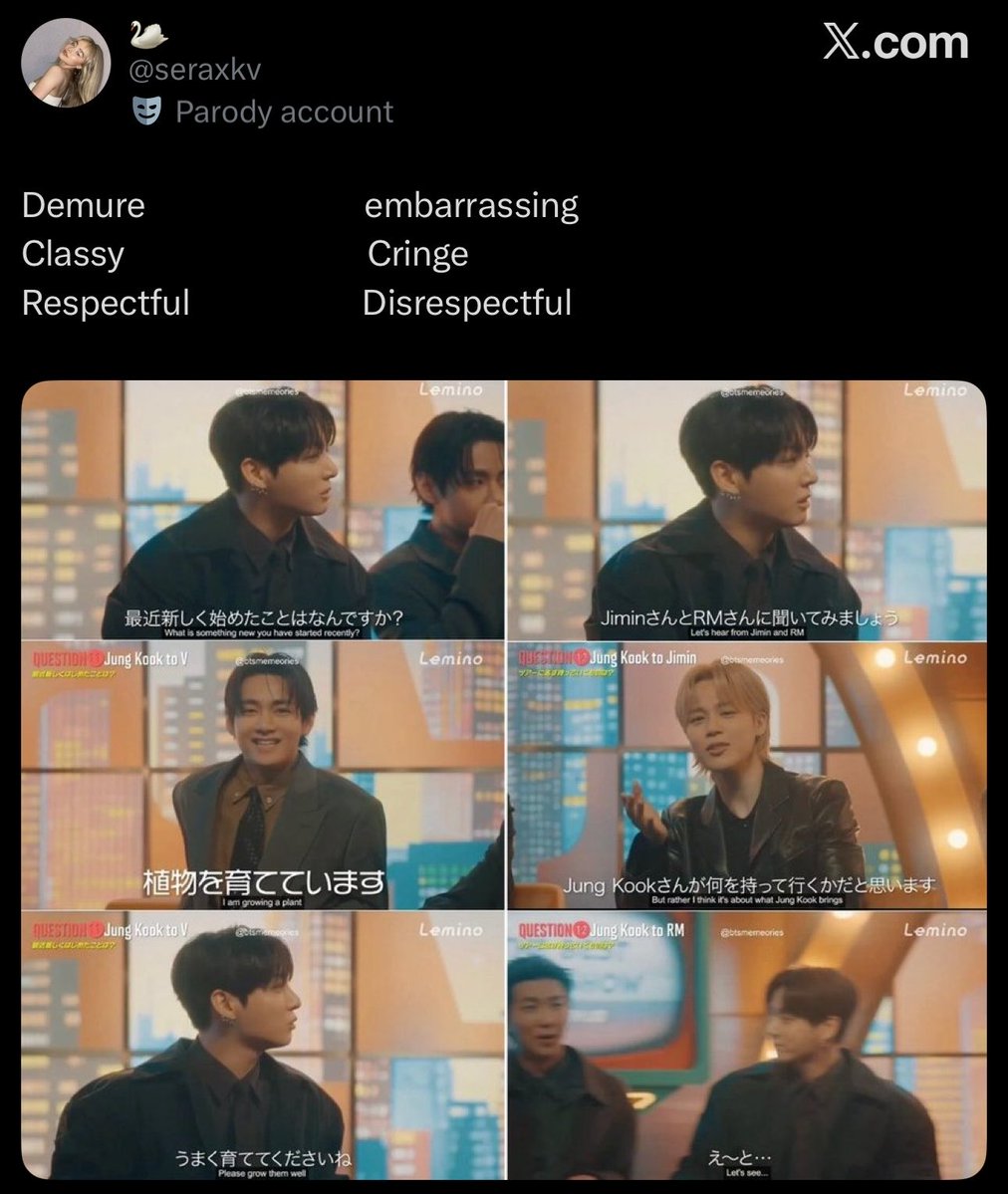 KMREPORTS's tweet photo. This deserves its own post. These weirdos are genuinely mad over Jimin’s answer, which Jungkook never refuted, by bringing up him politely wishing 🐻’s plant well and somehow twisting it into a dig at Jikook 

📌 https://t.co/zIU7IVRzBo 
📌 https://t.co/HrzjVKoDSH https://t.co/yWcw4kgFTo
