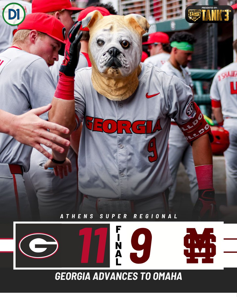d1baseball's tweet photo. FINAL FROM ATHENS

@BaseballUGA 11
Mississippi State 9

Georgia advances to Omaha!

Presented by @soldier_sports https://t.co/JHuAIAFSdr