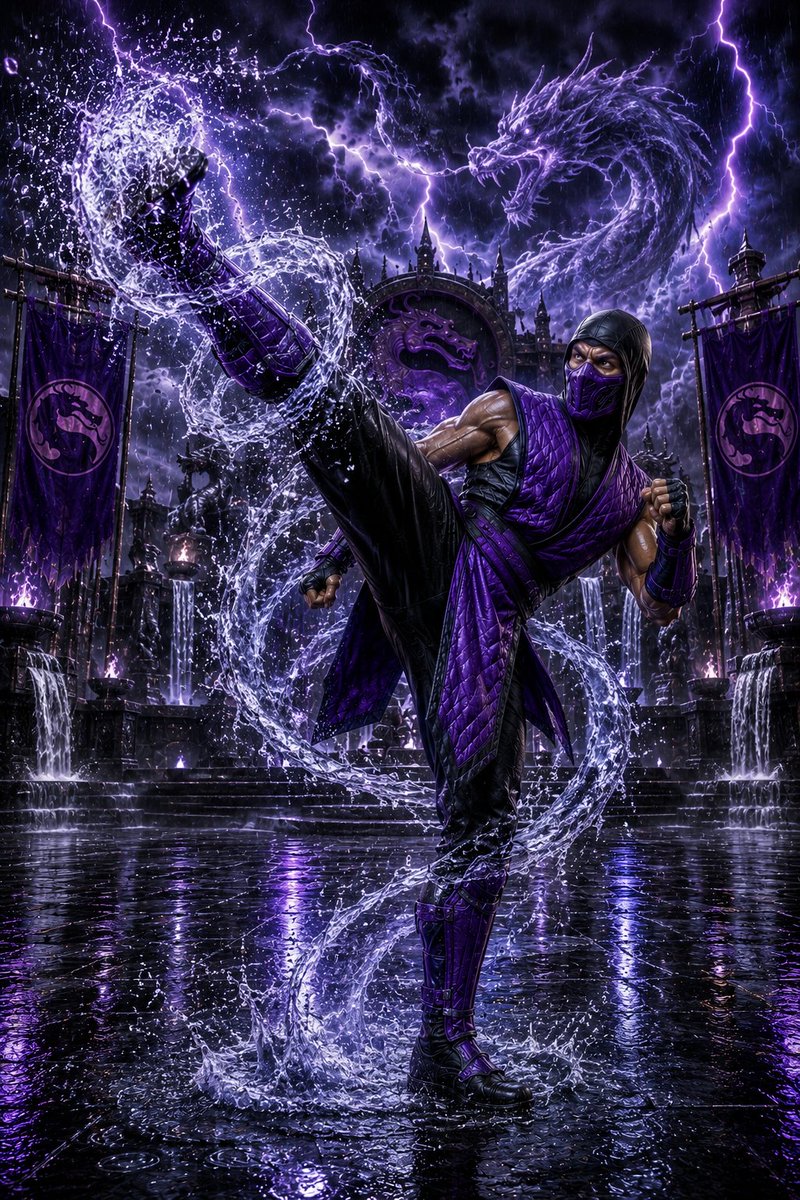 slomoassassin's tweet photo. 🌧️ 4. Rain – Edenian Storm Warrior
Full-frame — Classic purple ninja performing a devastating roundhouse kick beneath storm-lit skies. https://t.co/sKOTCqOHpK