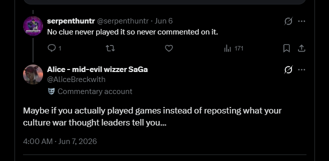serpenthuntr's tweet photo. Insult and block. Wonder if I actually play games. But much better to ignore pretend to not understand a simple argument. Imaging if I actually played games. Be weird if I played the GOW more than you. https://t.co/8UaoTgt2hE
