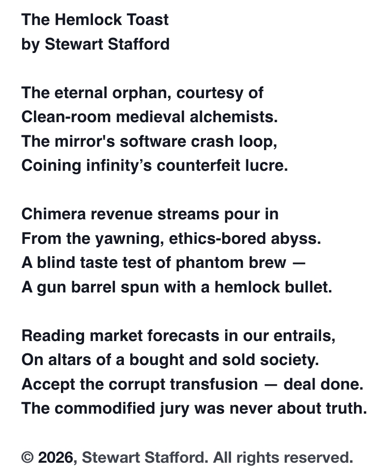 TheVorbing's tweet photo. @Naturalphilosy The Hemlock Toast, my latst poem.

https://t.co/phzb8nUW6E

#poem #poems #poetry #poet #poets #poetrylovers #poetrycommunity #Poesía #Money #moneydrain #capitalism #business #commerce #fraud #greed #whitecollarcrime #satire #economics #dystopian @BootsRiley #wallstreet #cashgod https://t.co/PtaqPHfHPJ