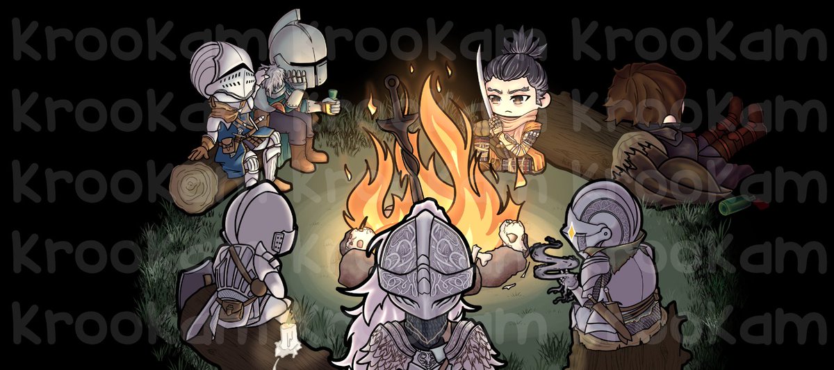 Krookam's tweet photo. Koo!🌱🦉

90*40cm Playmat kroommission (well... mousepad, actually!) for a friend who wanted all #Soulsborne protagonists chilling by the fire 🫰 https://t.co/lGbKOBuARb