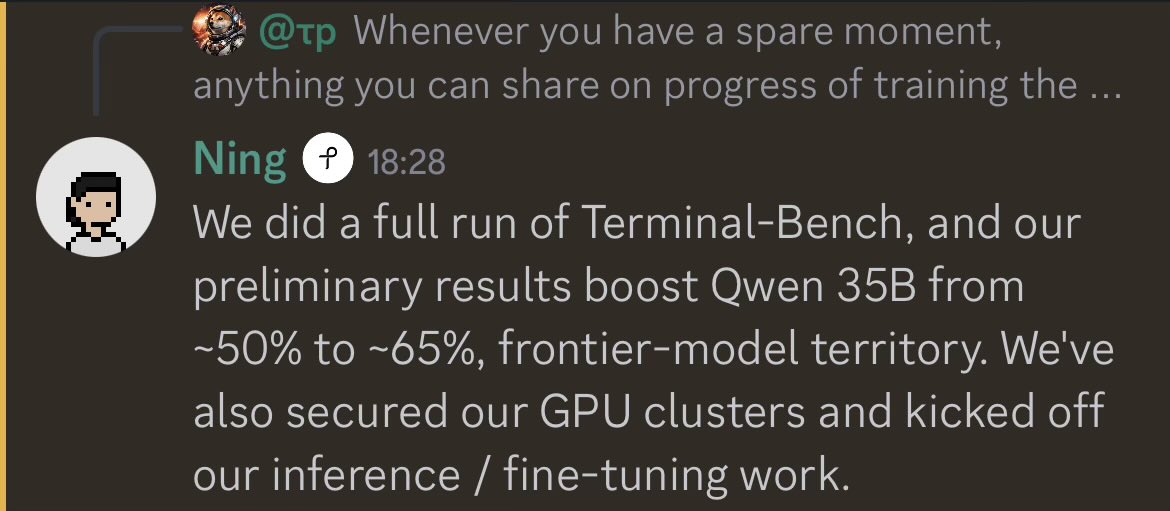 tpwereld's tweet photo. @TrajectoryRL flywheel starting to become visible.
- 1000+ daily trajectories
- Winning skill.md packs
- Training their own coding model
Already pushing Qwen 35B into frontier-model territory on Terminal-Bench
The first of many verticals to come 👀
$tao #sn11 https://t.co/AZXa7mhmbO
