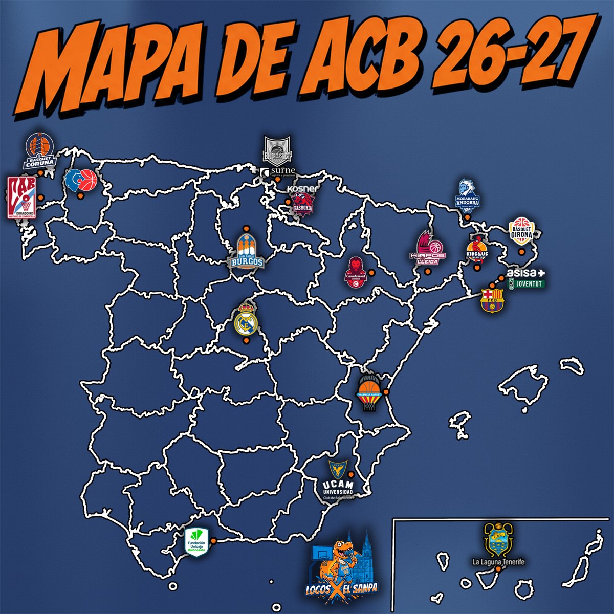 LocosXelsanpa's tweet photo. 🗺️ ACB 26-27

🔵 Así queda compuesta la Liga Endesa de la temporada 26-27 donde nuestro @SanPabloBurgos luchará duro por sus objetivos.

🔺 Tenemos 2 equipos nuevos en la liga:
🆕 Monbus Obradoiro
🆕 Leyma Coruña

🤔 ¿Qué desplazamiento esperáis con más ganas? Os leemos.

#SPB https://t.co/JvQvPTPsY3
