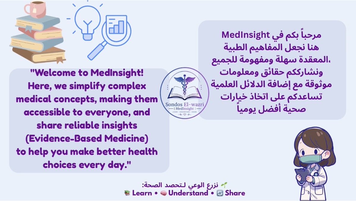 Sondoswzre's tweet photo. بسم الله الرحمن الرحيم.. 🩺✨

أهلاً بكم في MedInsight؛ مساحتكم الطبية لتبسيط العلوم ونشر الوعي الصحي الموثوق باللغتين العربية والإنجليزية 💜. 
هنا لن نكتفي بنقل المعلومة، بل سنحاول معاً أن:
📚 Learn (نتعلم الجديد)
🧠 Understand (نفهم بعمق)
🔄 Share (ننشر الوعي) https://t.co/vohx0xZDGC