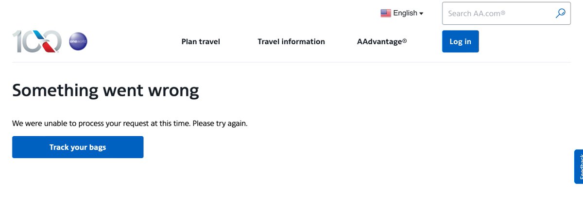 StuartWes's tweet photo. @AmericanAir I got notified that my bag will arrive several hours after my flight.  Been trying to follow the link you provided in a text and email to no avail. What am I to do? I Keep getting this error: https://t.co/PIrJXPCc45