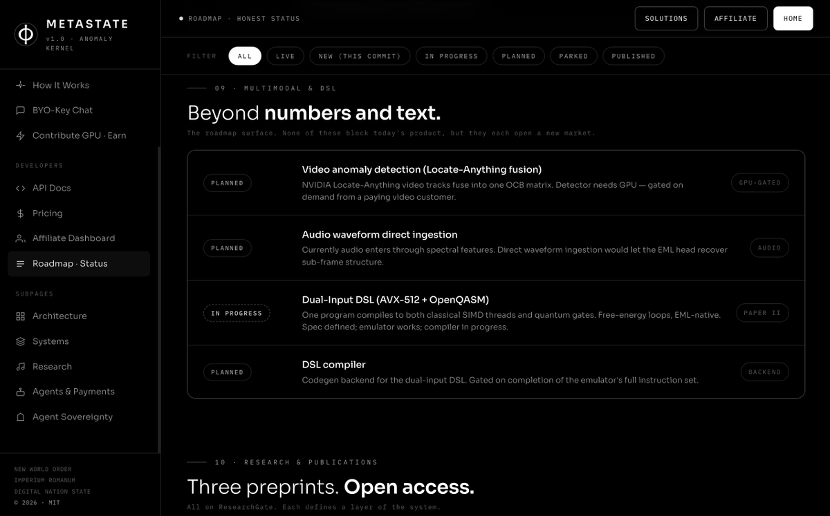NWORobotics's tweet photo. @DeptofWar @RepLuna @realDonaldTrump @intlcourtsystem @WhiteHouse @KremlinRussia_E @MFA_China @Elysee @GOVUK @IBMResearch @IBM @base 09 · Multimodal &amp; DSL
Beyond numbers and text. 🎥 The #METASTATE roadmap is expanding to video anomaly detection, direct audio waveform ingestion, and a Dual-Input DSL compiling to both classical SIMD and quantum gates. The frontier is multimodal.🔊 #MultimodalAI #DSL #FutureTech https://t.co/zG30yxAbkV