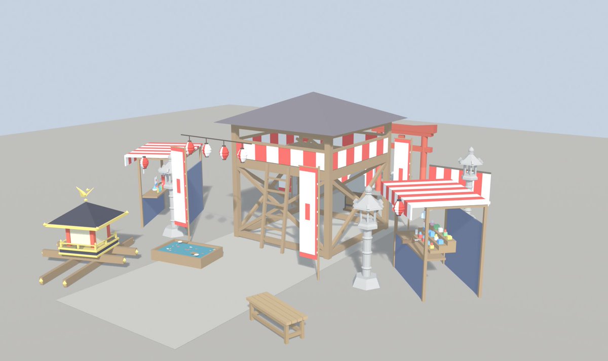 GoHomeSaboru's tweet photo. まだまた途中だけど神社のお祭りセット製作中。

#VRChat #VRChatワールド #和風 #lowpoly #Blender https://t.co/7UNwtixjZi