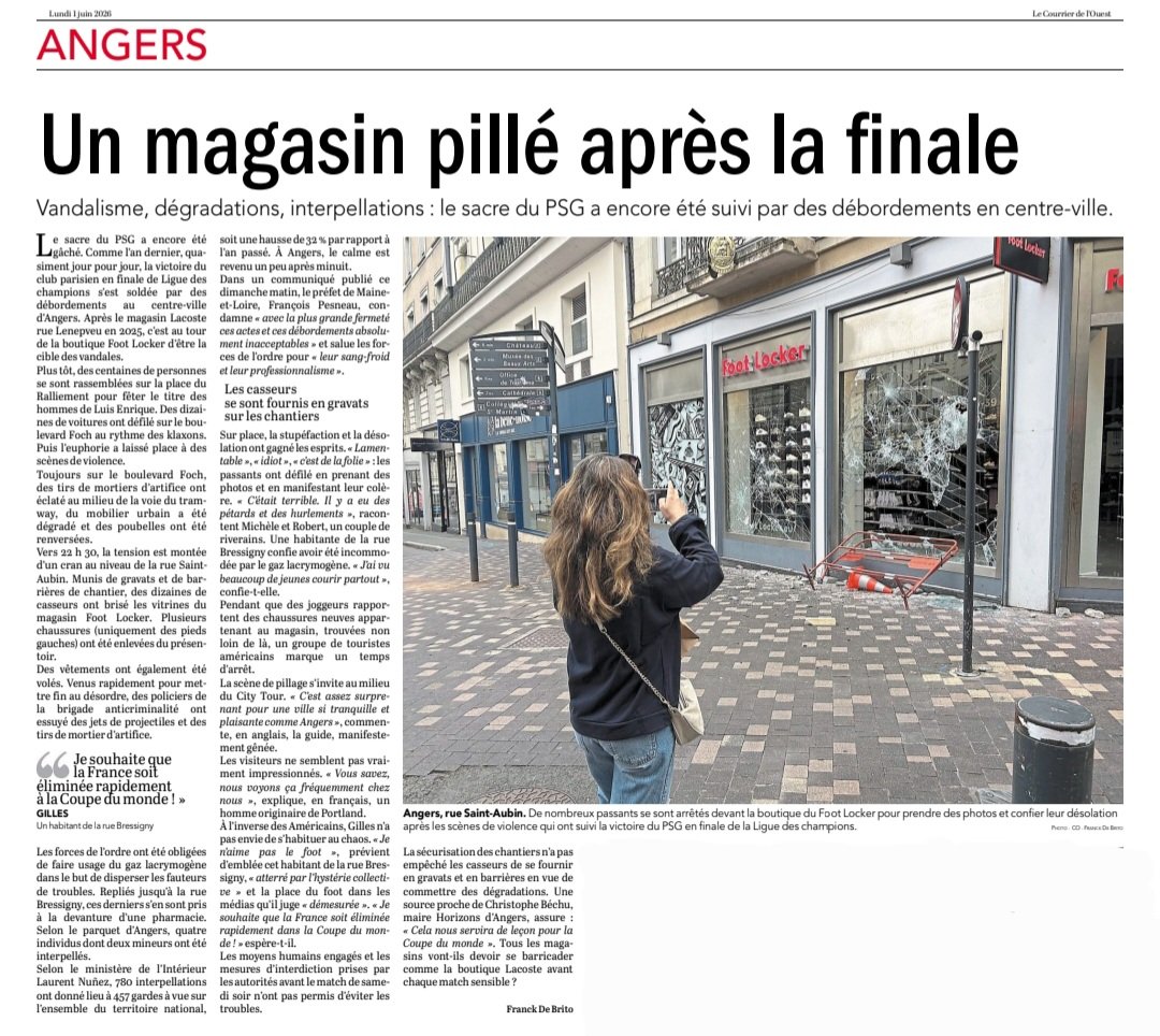 DLPHOOL's tweet photo. 🇫🇷 🏴󠁧󠁢󠁥󠁮󠁧󠁿  PSG / Arsenal
Finale Ligue des Champions 2026
    @PSG_inside  @Arsenal
                   🔴🏆🔵

Angers.
Un magasin pillé après la finale 💥
@courrierouest 01.06.26 https://t.co/aeg4ZKqZCs