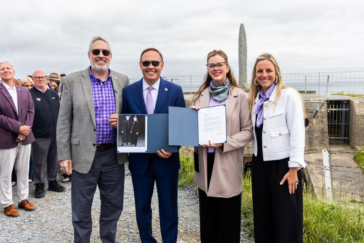 TarletonState's tweet photo. Today, the Tarleton State family gathered at Pointe du Hoc to honor the legacy of James Earl Rudder.

Joined by students, alumni and faculty, we reflected on the courage, leadership and sacrifice that continue to inspire.

#TarletonState #BleedPurple https://t.co/0XpFFD7y4a