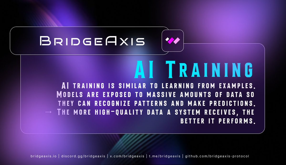 BridgeAxis's tweet photo. 🫆 AI Training

AI training is similar to learning from examples.

Models are exposed to massive amounts of data so they can recognize patterns and make predictions.

→ The more high-quality data a system receives, the better it performs. https://t.co/eOFY7ZL0H6