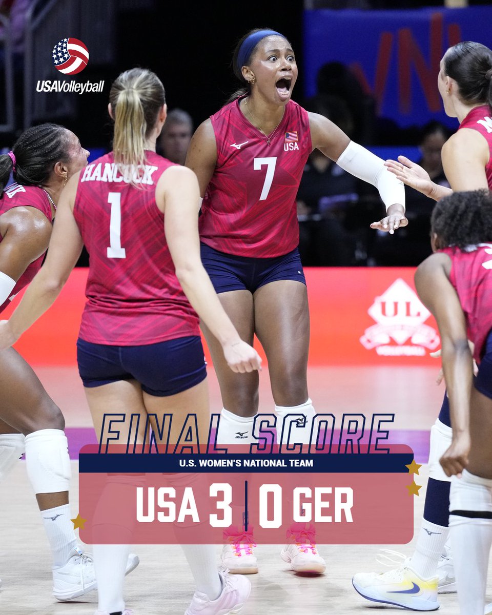 usavolleyball's tweet photo. Third W secured! 🔒

The U.S. Women's National Team 🇺🇸 finishes week one 3-1 after sweeping Germany 🇩🇪 (25-22, 25-15, 25-12) at Volleyball Nations League in Quebec City.

Recap: https://t.co/SgJrfgT74P

📷 Mathieu Belanger

#USAVWNT https://t.co/PyzAmaXe8b