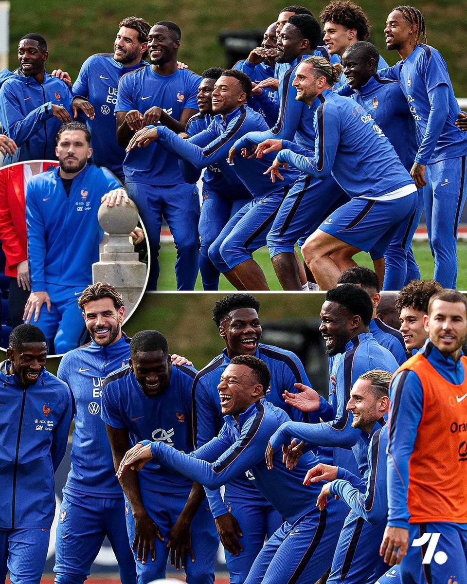 Uchec24's tweet photo. This France squad are pure jokes 😅 recreating Rayan Cherki's iconic meme at training... 🇫🇷

Soo funny😂 https://t.co/SQsClAKMX9